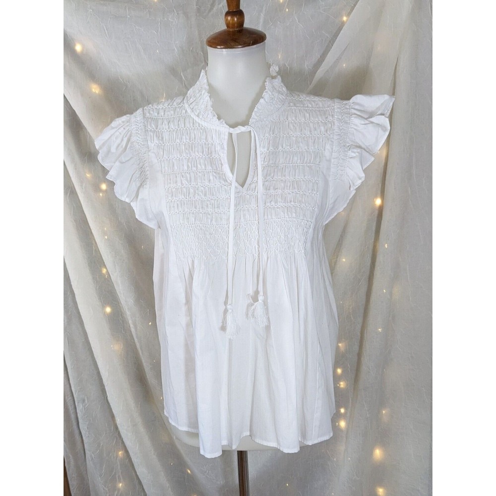 Sea New York XS White Shirred Sleeveless Blouse Ruffle Loose Tassel V-Neck